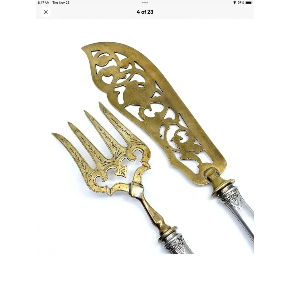 Rare Antq Ornate Motif Fish Dining Serving Set Silver Parcel Gilt Cutlery HTF